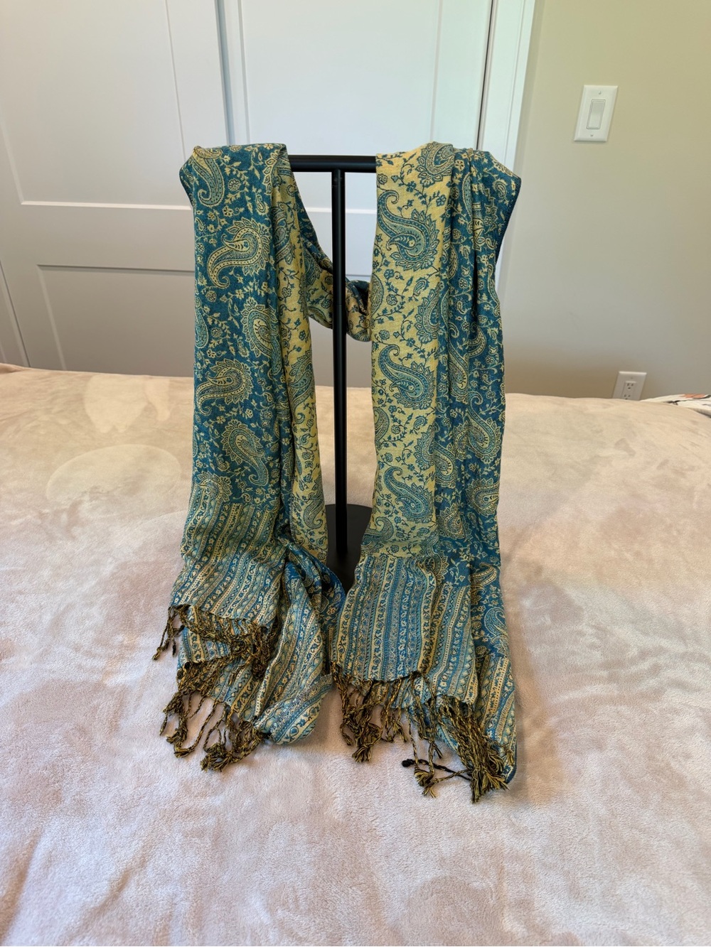 Teal and Gold Paisley Decorative Scarf with Tassels